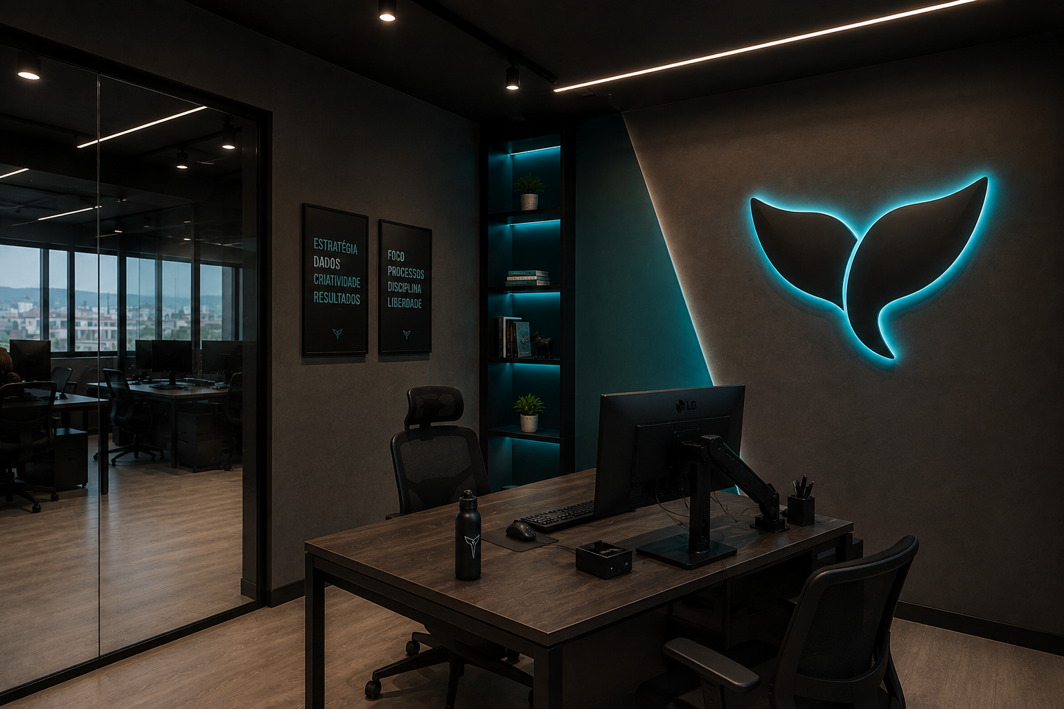Sala da Whale com o logo iluminado na parede.
